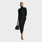 Vestido de mujer de punto negro con cuello alto y mangas largas, diseño holgado elegante ideal para otoño e invierno. 0