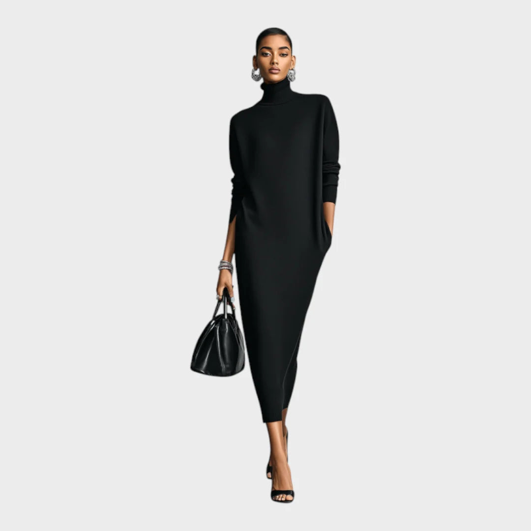Vestido de mujer de punto negro con cuello alto y mangas largas, diseño holgado elegante ideal para otoño e invierno. 0