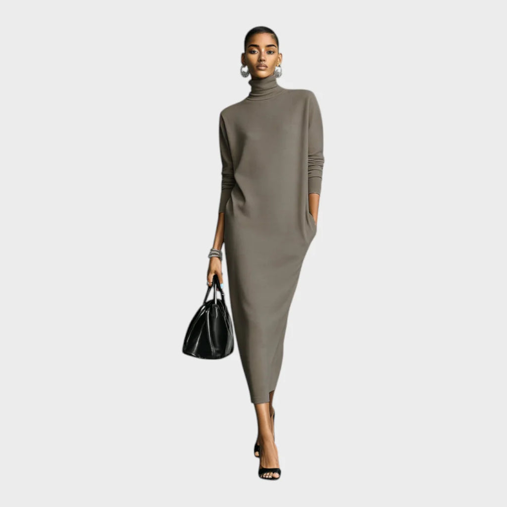 Vestido de mujer de punto negro con cuello alto y mangas largas, diseño holgado elegante ideal para otoño e invierno. 3