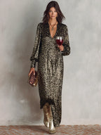 Vestido de noche largo con escote en V y tejido brillante, ideal para fiestas y eventos especiales, diseñado para mujeres elegantes. 2