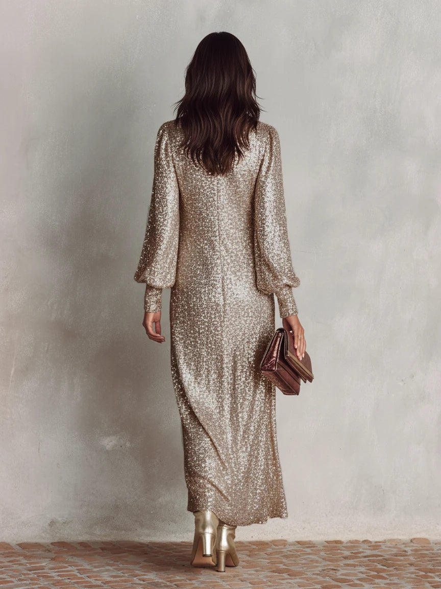 Vestido de noche largo con escote en V y tejido brillante, ideal para fiestas y eventos especiales, diseñado para mujeres elegantes. 5