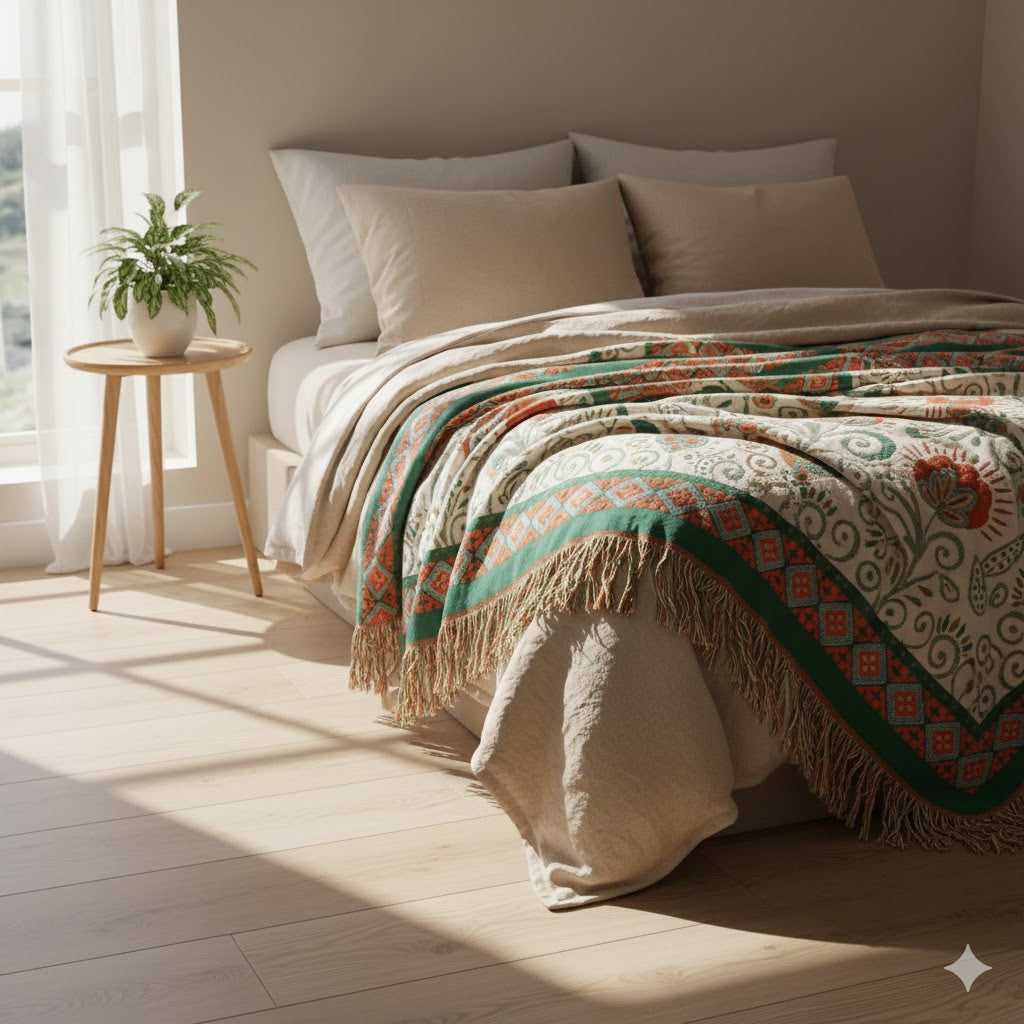 Manta floral con borlas - Algodón