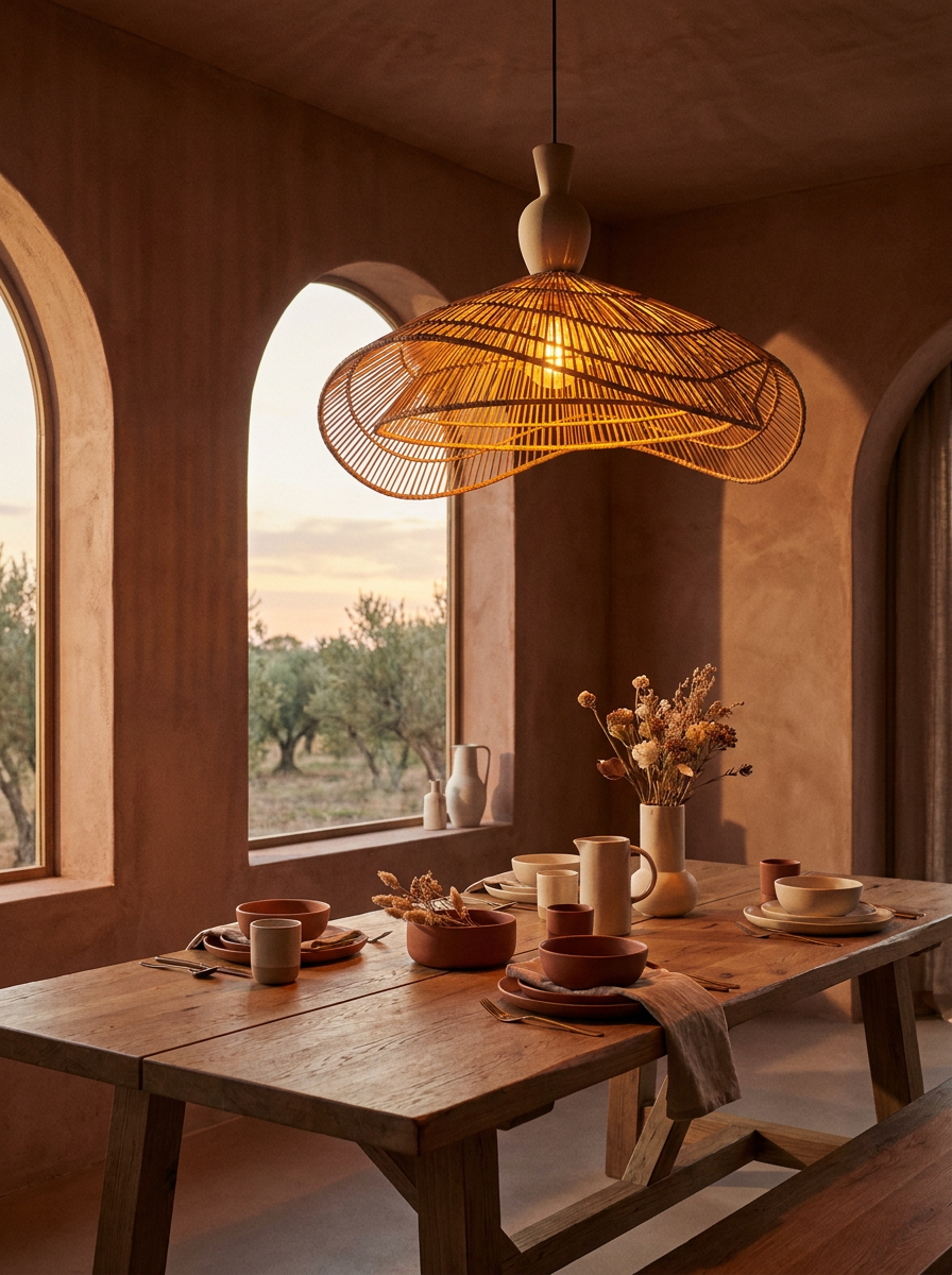 Lámparas colgantes de ratán y cerámica iluminando una mesa de comedor de roble