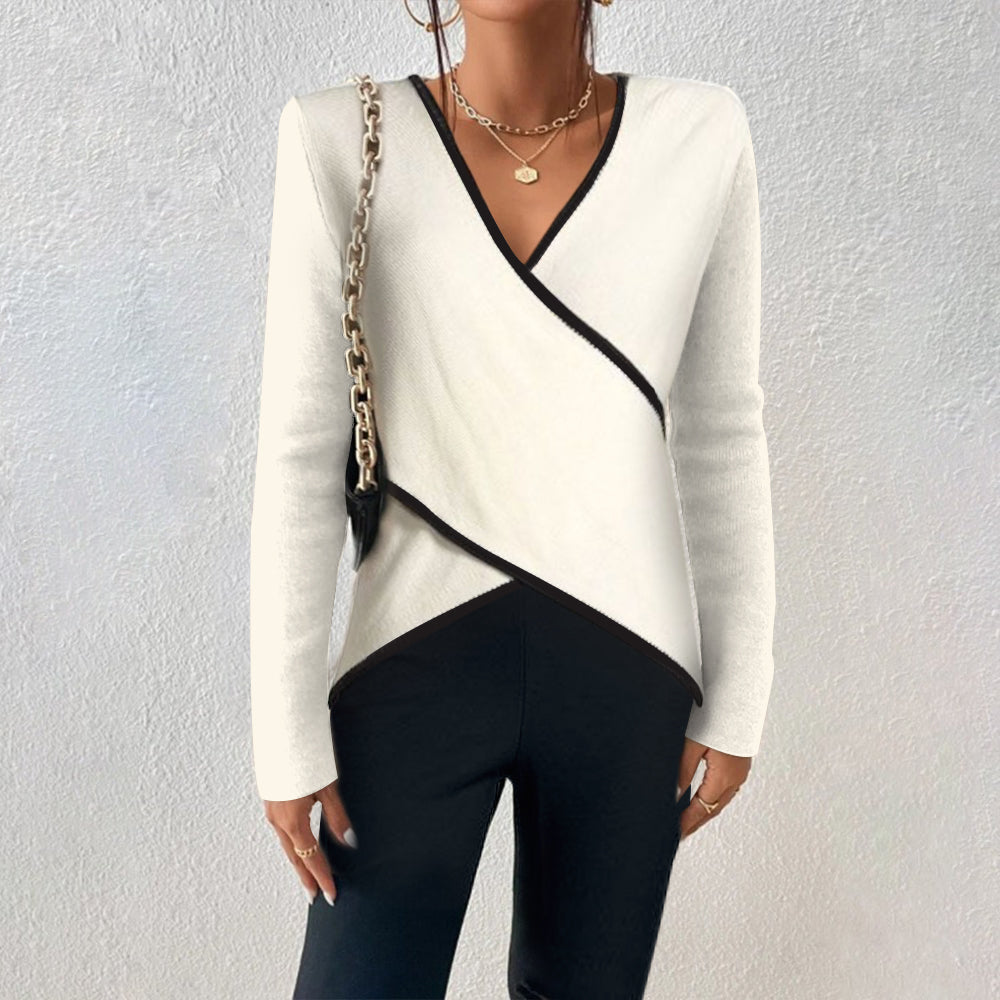 Jersey de punto con cuello en V para mujer en color Blanco, tejido fino de temporada